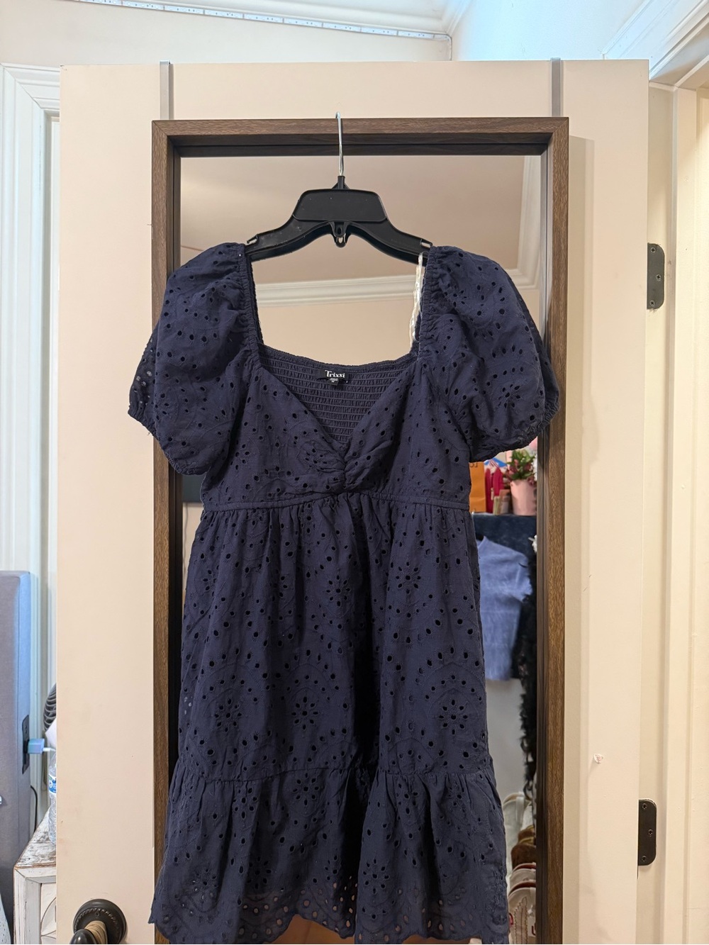 Navy Eyelet Puff-Sleeve Mini Dress